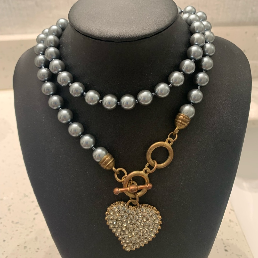 Blue/Grey Imitation Pearl Strand w/Crystal Heart